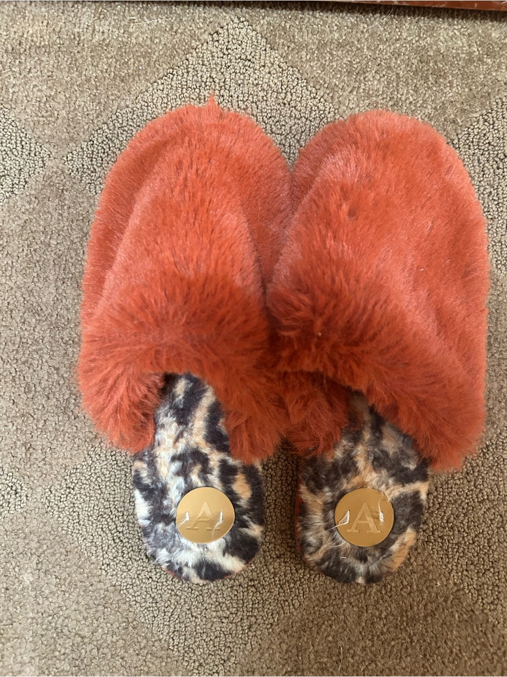 Anthropologie Rust Orange Fuzzy Slip-On Slippers with Leopard Insole